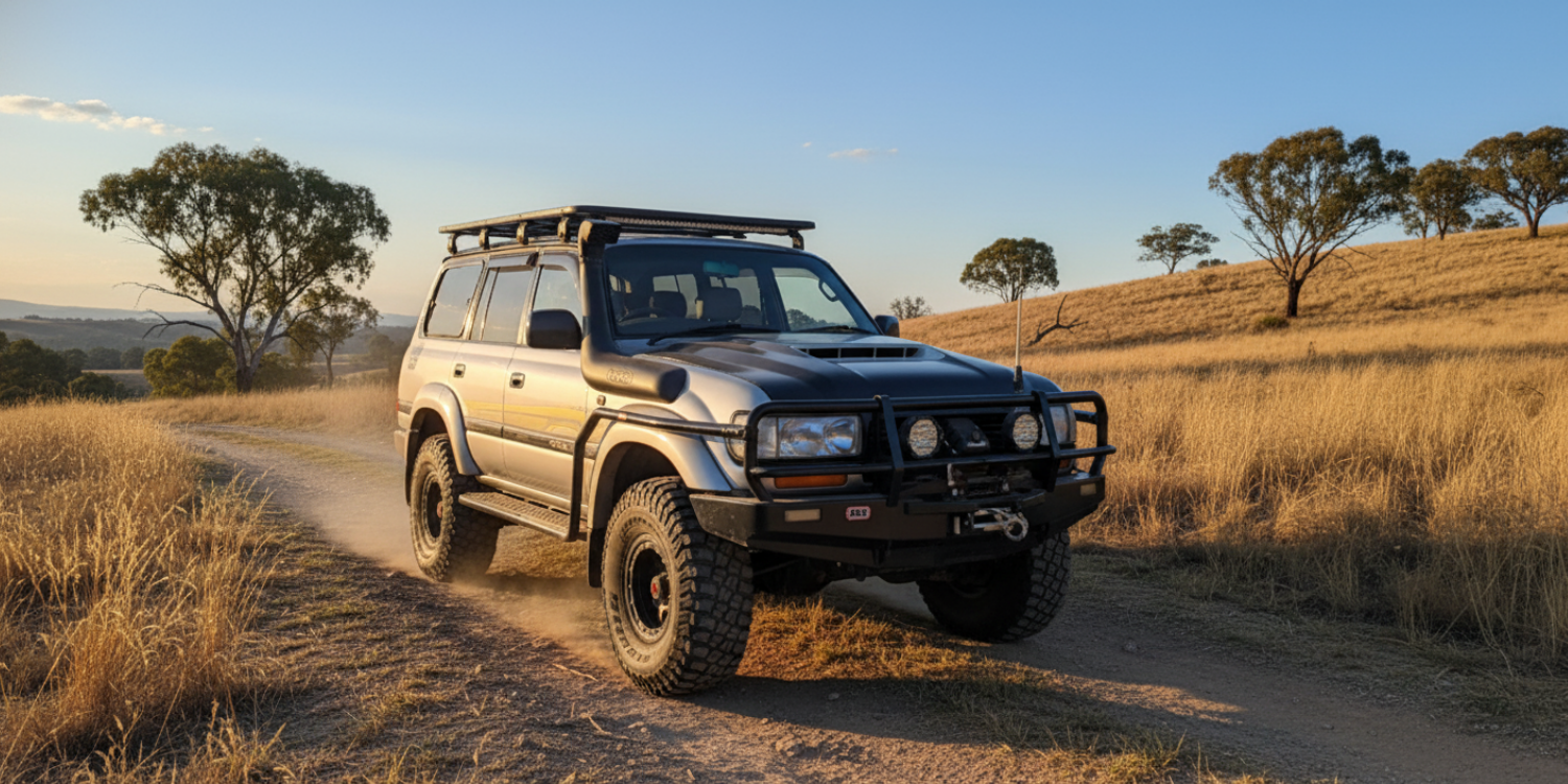Modified silver Toyota Land Cruiser 80 Series SUV driving on a dirt road through dry, golden grass fields at golden hour.