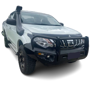 A white pickup truck, likely a Mitsubishi Triton, is shown from the front-quarter angle. It is heavily modified for off-road use, featuring a large black bull bar/front bumper, a prominent black snorkel rising up the passenger side, and mud-terrain tires on black wheels. The vehicle is set against a checkered, transparent background.