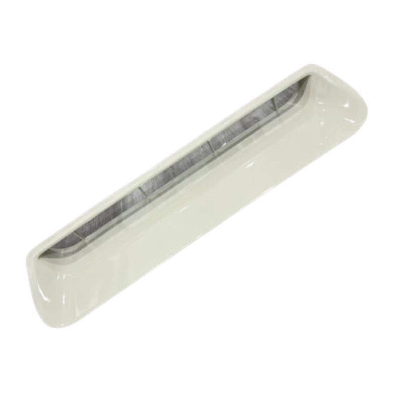 A white or light cream-colored, elongated rectangular air scoop or vent trim, isolated on a white background. The piece has rounded corners and a slight, downward curve, with a narrow, recessed opening running nearly its entire length. The inner surface of the recess is dark grey or metallic, suggesting an open vent area. The image is taken at a slight angle.