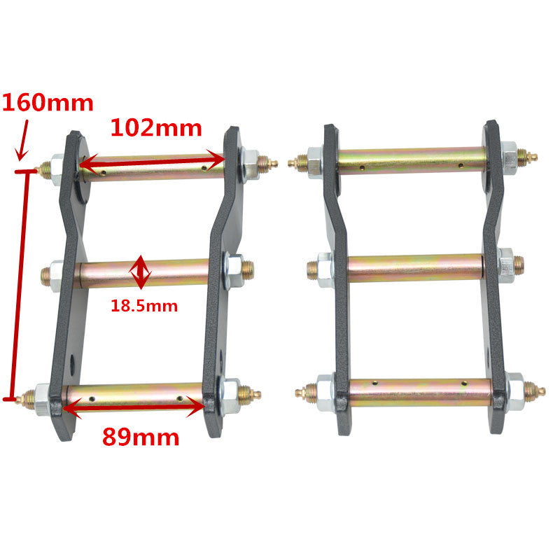 A photograph showing two identical pairs of heavy-duty shackles for a leaf spring suspension system, likely for a vehicle lift kit. Each shackle consists of two thick, black metal side plates connected by three golden-colored metal pins/bolts with nuts and grease fittings on the ends. Dimensions are labeled on the left shackle: 160mm indicates the overall length (center-to-center measurement between the outermost bolts), 102mm shows the length of the top pin, 89mm shows the length of the bottom pin, and 18.