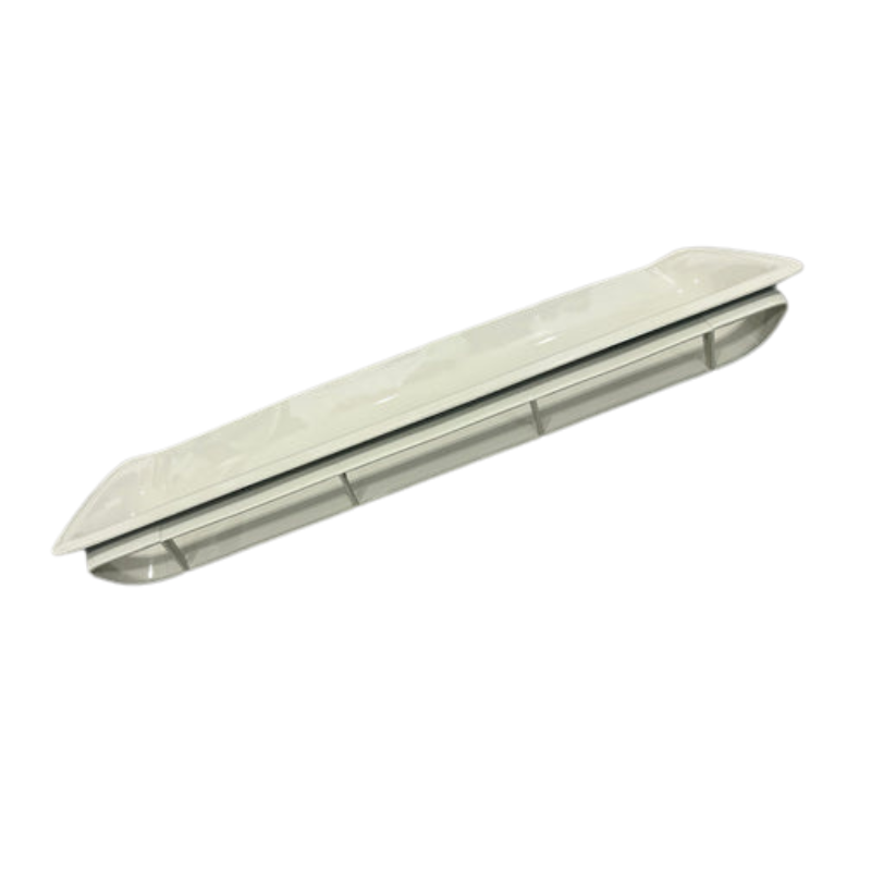 A long, slender, light-colored (possibly white or beige) plastic or metal vent cover or air deflector. It has a slightly curved or tapered profile with rounded ends and appears to be designed to attach over a rectangular opening, such as a window air conditioner unit or a wall vent.