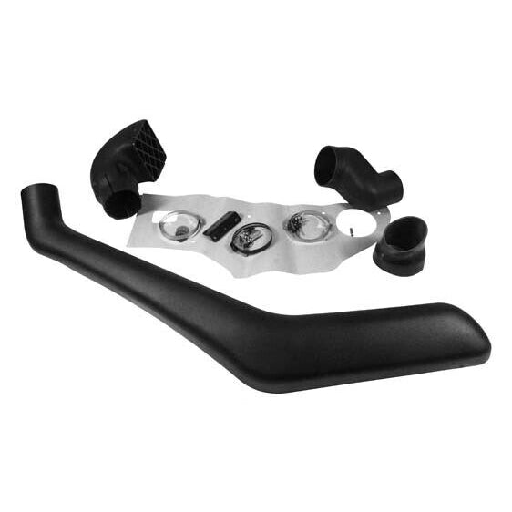 A complete black and white photo of an automotive snorkel kit laid out on a white surface. The kit includes the long, curved main snorkel body in the foreground, two or three smaller connecting elbow pieces/hoses, and a set of mounting hardware (clamps, brackets, and fasteners) arranged on a piece of paper or cardboard in the center. The top elbow piece features a square, grille-like air intake.