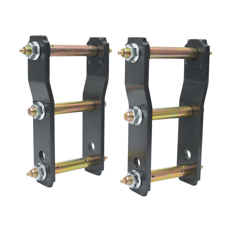 A pair of black, heavy-duty suspension shackles (also known as leaf spring shackles) for a vehicle. Each shackle consists of two vertical metal plates connected by three horizontal gold-colored shackle pins/bolts. The pins are secured with nuts and washers, and the outer ends of the pins feature a grease fitting (Zerk fitting) for lubrication. The design appears to be for a lift or extended application.