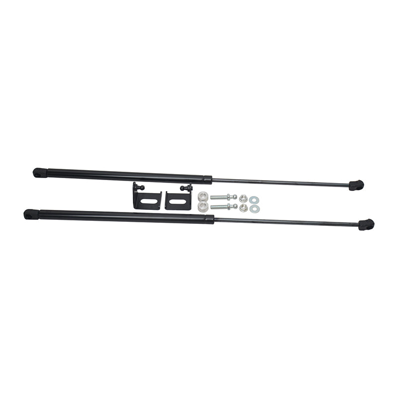 A pair of black gas lift support struts (or gas springs/shock absorbers) with their corresponding mounting hardware, including two L-shaped brackets, bolts, nuts, and washers. The items are presented horizontally on a white background, clearly showing the components of a lift kit, likely for a vehicle's hood or tailgate.