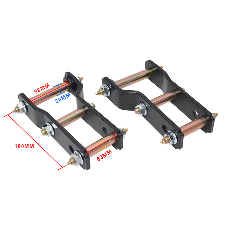 A pair of black metal shackle lift kits with gold-colored bolts and nuts shown on a white background. Red measurement lines and text indicate key dimensions: the center-to-center hole spacing is 98mm (top), the bush inner diameter is 20mm (top), the overall height is 190mm (left side, diagonal), and the bolt diameter is 68mm (bottom, the measurement likely refers to the distance between the two bolts on one side of the lower shackle plate, or the width of the shackle plate). These are components used for ve