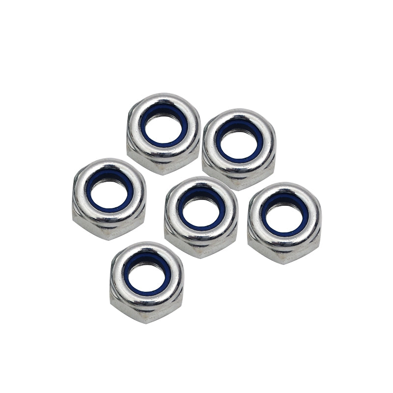 A collection of six silver hexagonal lock nuts (also known as nylon-insert lock nuts or Nyloc nuts). Each nut has a blue nylon insert ring visible inside the threading, designed to resist loosening from vibration. They are arranged in a small cluster against a white background.
