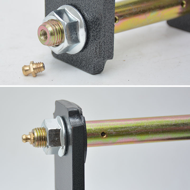 A close-up, two-panel image focusing on the hardware of a heavy-duty vehicle suspension shackle component.
The top panel shows a gold or yellow-zinc plated bolt end secured to a textured black metal bracket with a large silver flat washer and a nut. Next to the assembly, a small, separate brass or gold-plated Zerk fitting (grease nipple) is lying on the surface, ready for installation into the threaded bolt end.
The bottom panel shows a similar assembly where the Zerk fitting has been installed into the t