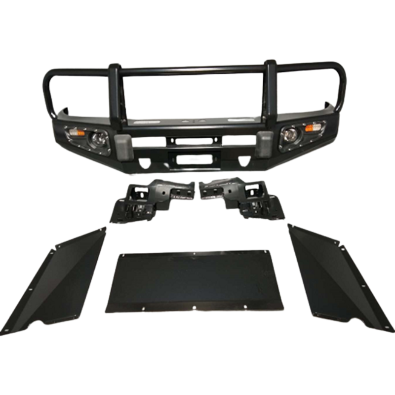 A full set of black, heavy-duty vehicle off-road bumper components displayed against a white background. The set includes the main steel bull bar with fog light openings at the top, two mounting brackets in the middle, and three pieces of black skid plate/under-vehicle protection (one large center plate and two angled side plates) at the bottom.