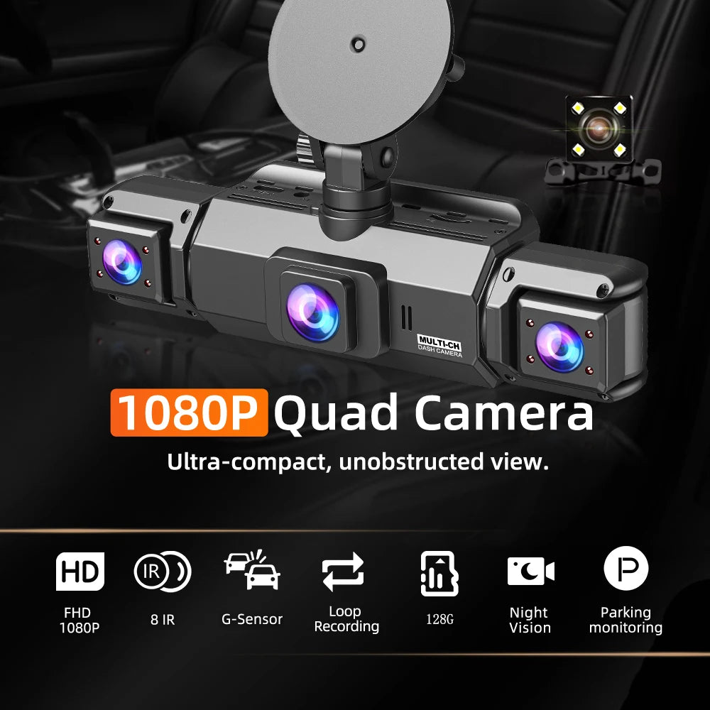4 Channel Dash Cam FHD 1080P WiFi Car DVR Night Vision Black Box Loop Recorder Kit