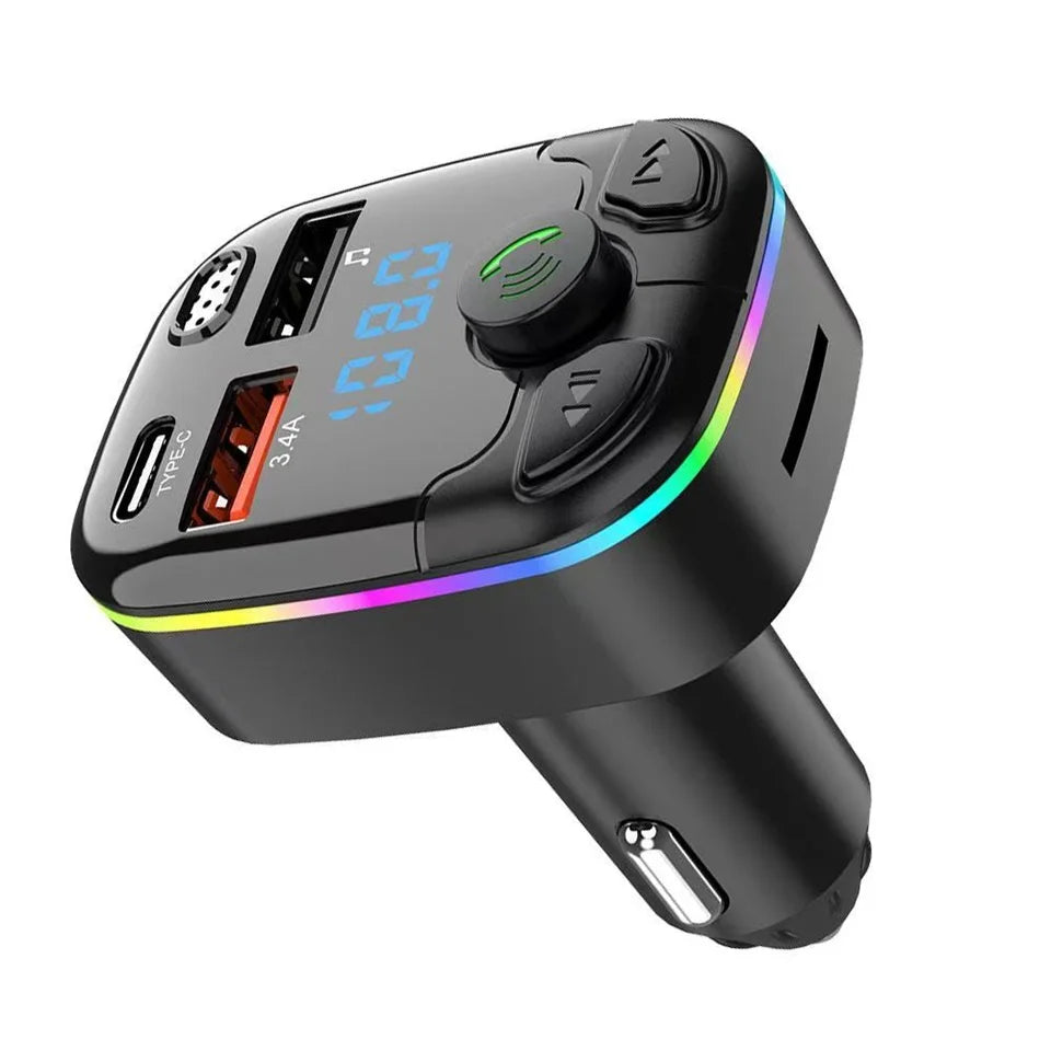 Bluetooth Car FM Transmitter PD Type-C Dual USB MP3 Player Hands-Free Ambient Light Fast Charger for Vehicle