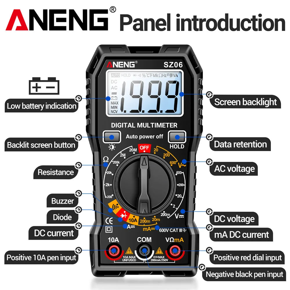 ANENG SZ06 Digital Multimeter 600V Auto Range Tester 2000 Counts for Car Home DIY Electricians