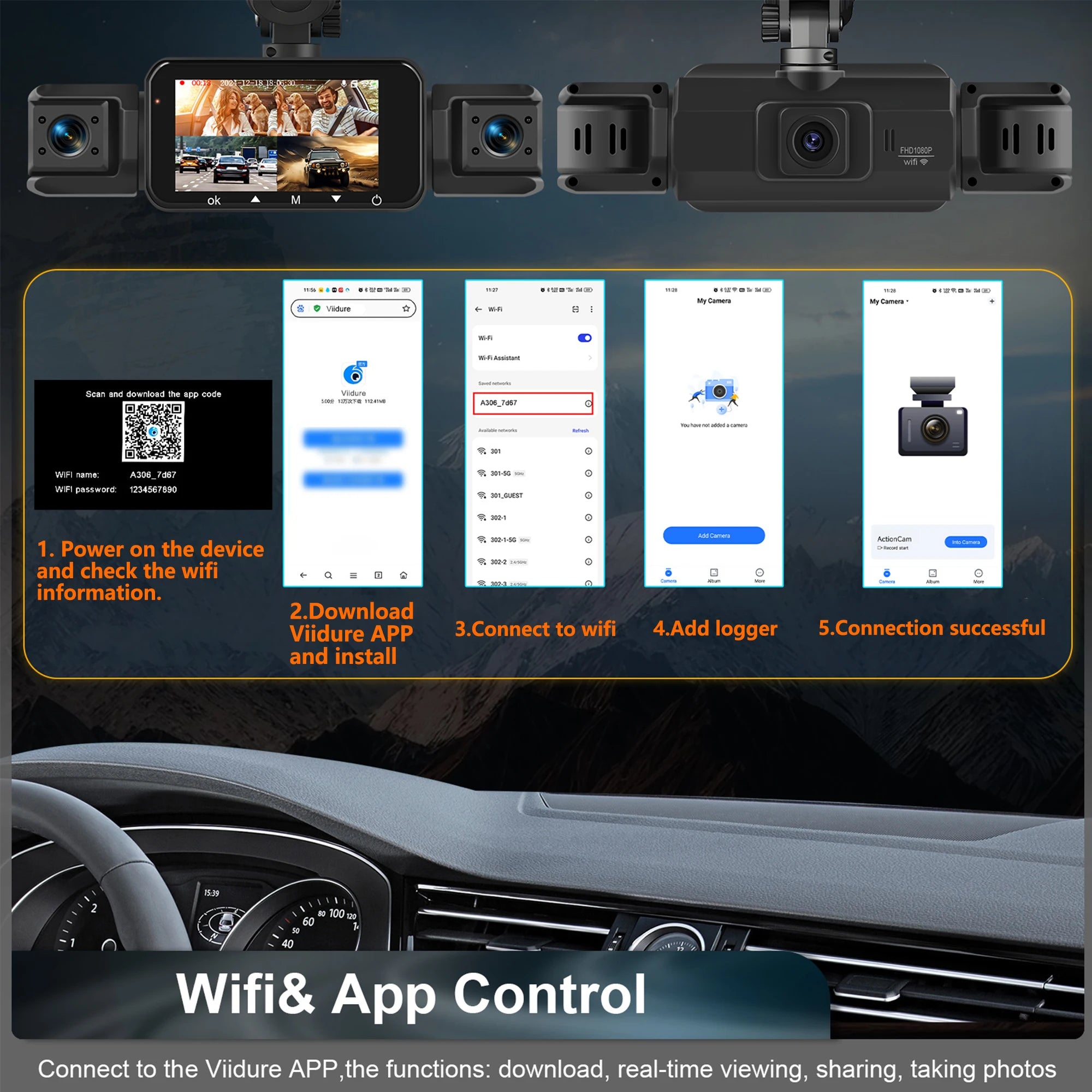 4 Channel Dash Cam FHD 1080P WiFi Car DVR Night Vision Black Box Loop Recorder Kit