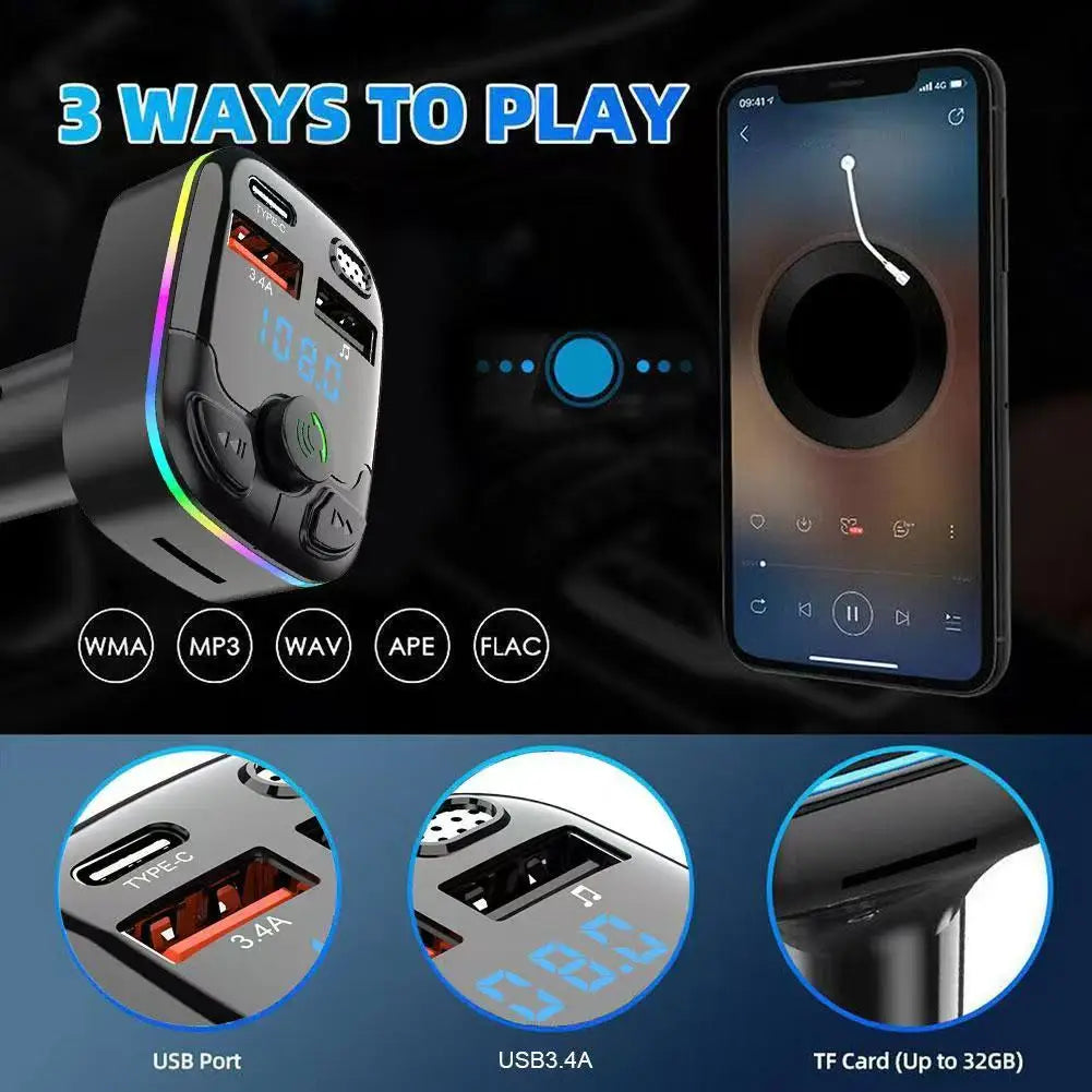 Bluetooth Car FM Transmitter PD Type-C Dual USB MP3 Player Hands-Free Ambient Light Fast Charger for Vehicle