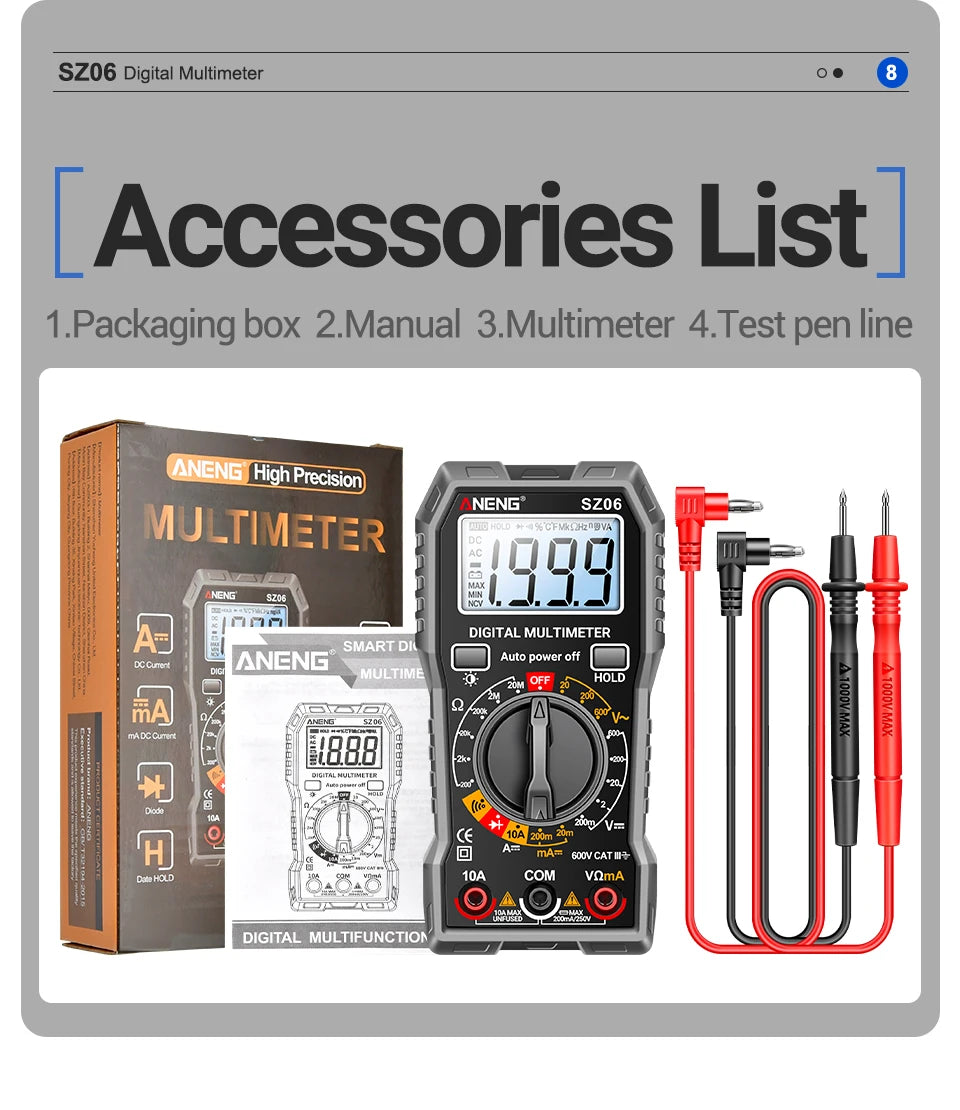 ANENG SZ06 Digital Multimeter 600V Auto Range Tester 2000 Counts for Car Home DIY Electricians