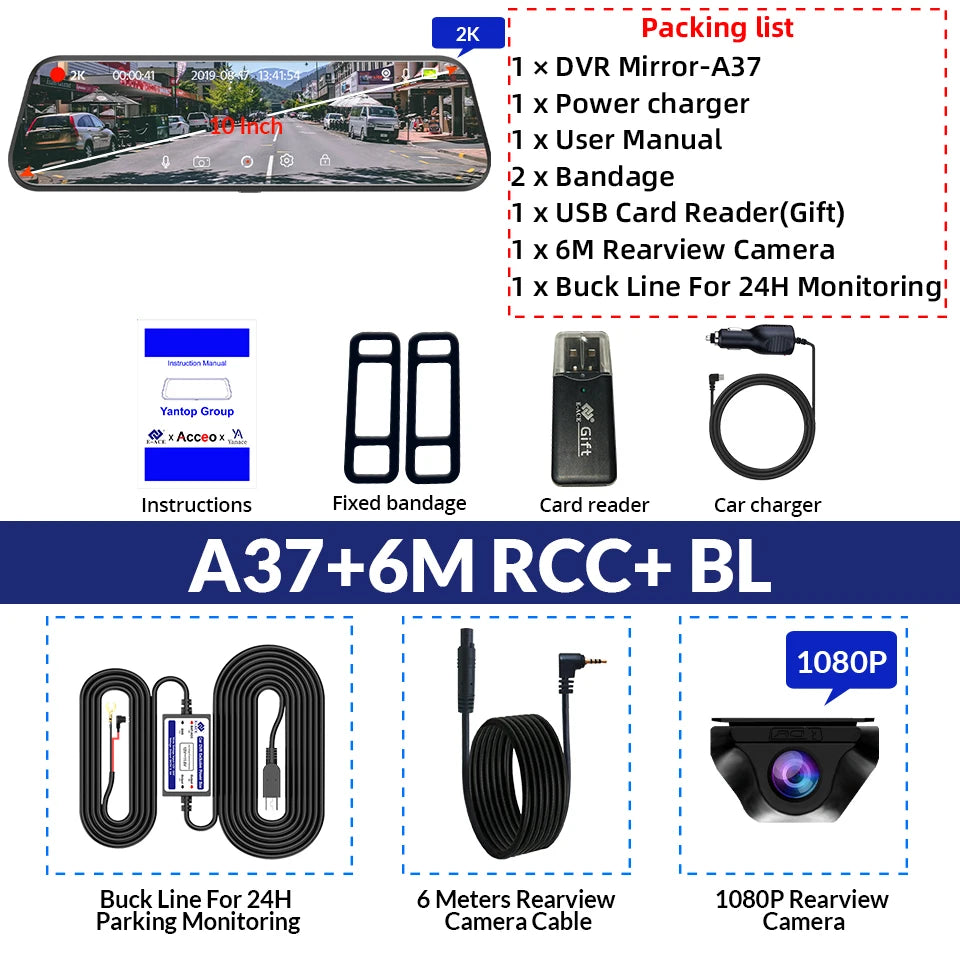E-ACE 2K Car DVR Dash Cam Mirror WiFi GPS Night Vision 1080P Loop Recording Black Box