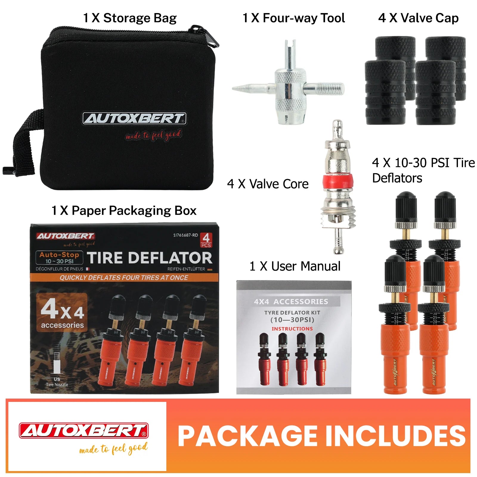 4PCS Adjustable Tyre Deflators 10-30 PSI Air Down Tool 4WD 4x4 Offroad Accessories