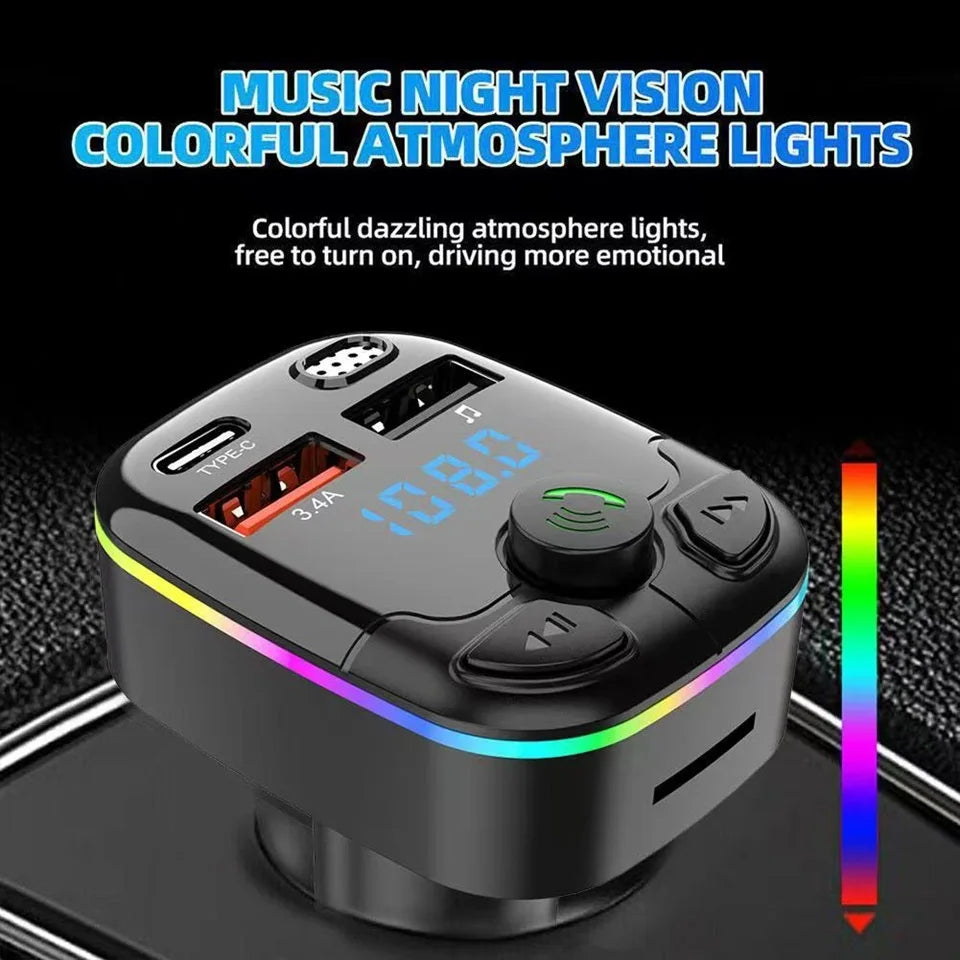Bluetooth Car FM Transmitter PD Type-C Dual USB MP3 Player Hands-Free Ambient Light Fast Charger for Vehicle
