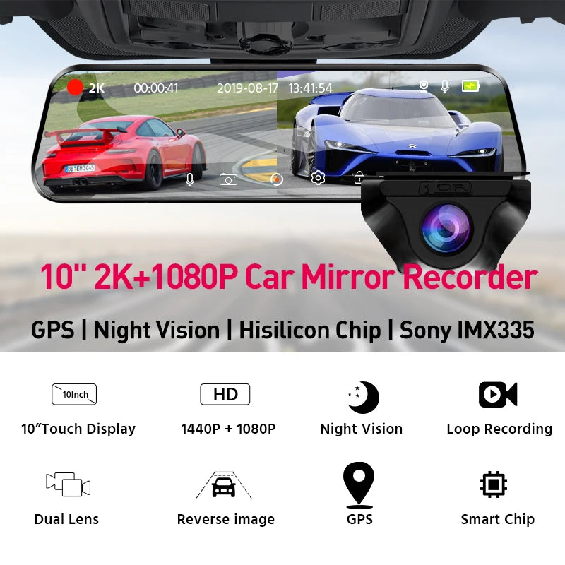 E-ACE 2K Car DVR Dash Cam Mirror WiFi GPS Night Vision 1080P Loop Recording Black Box