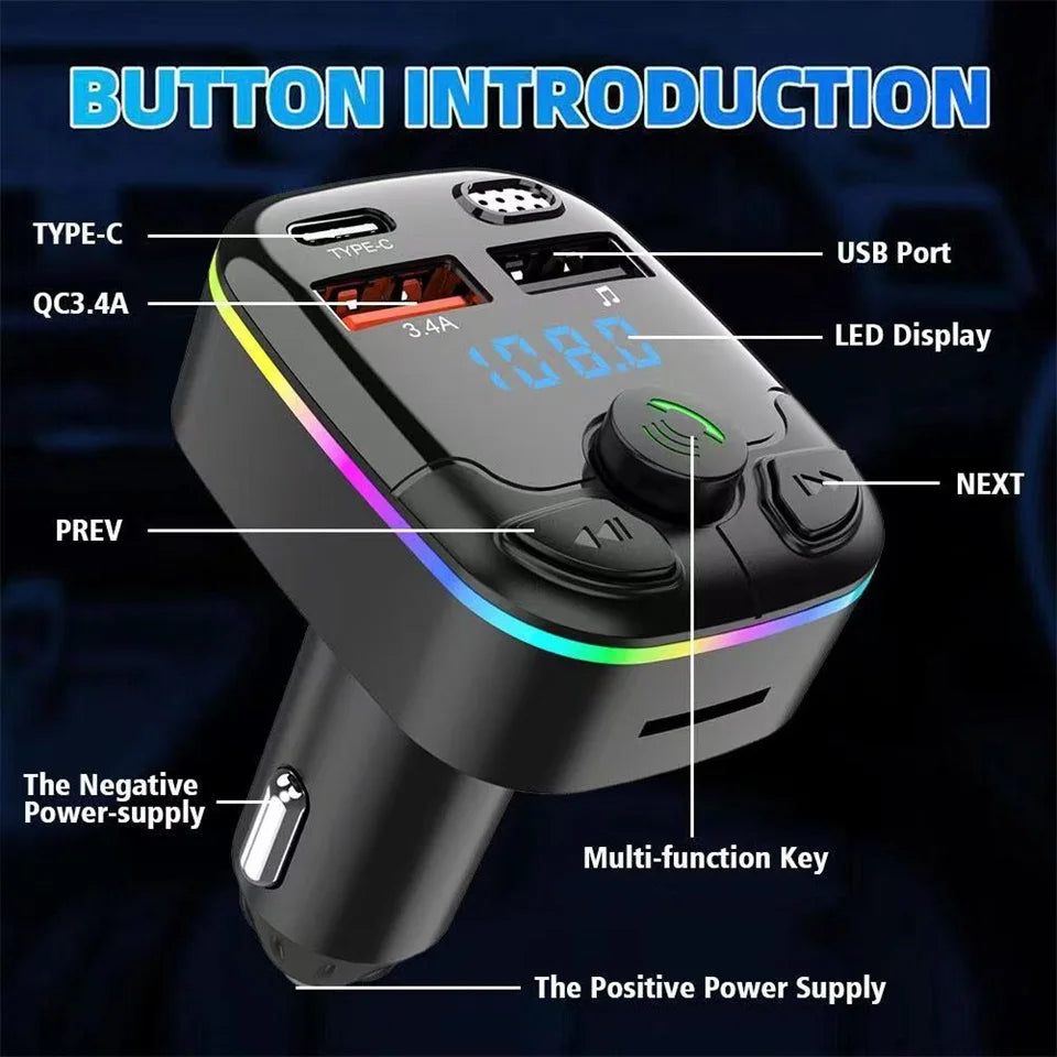 Bluetooth Car FM Transmitter PD Type-C Dual USB MP3 Player Hands-Free Ambient Light Fast Charger for Vehicle