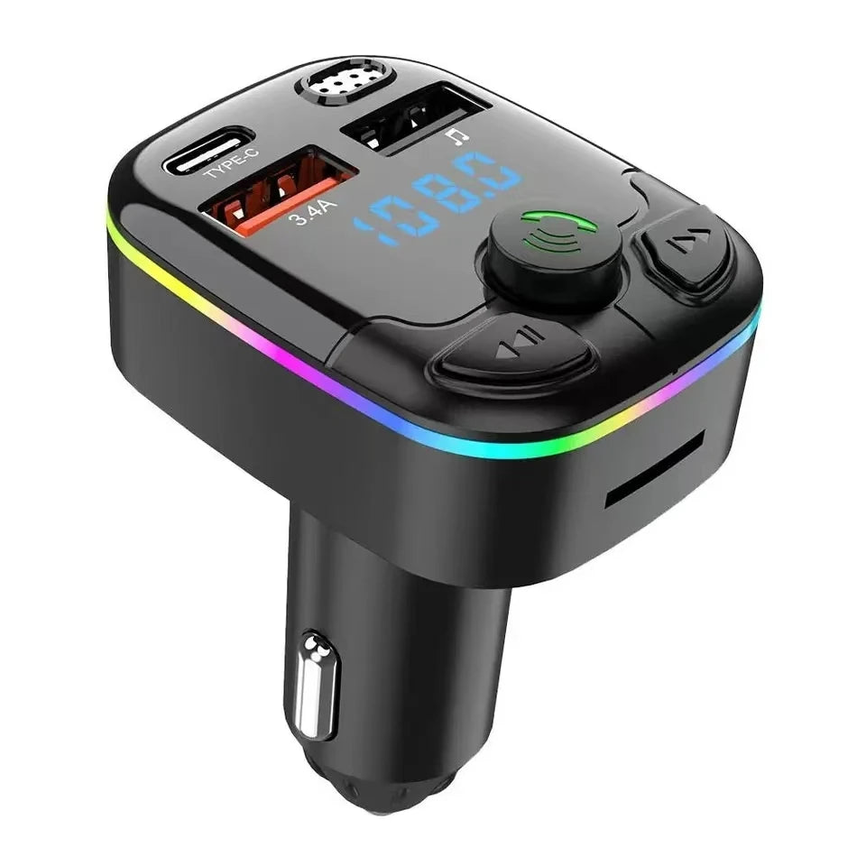 Bluetooth Car FM Transmitter PD Type-C Dual USB MP3 Player Hands-Free Ambient Light Fast Charger for Vehicle