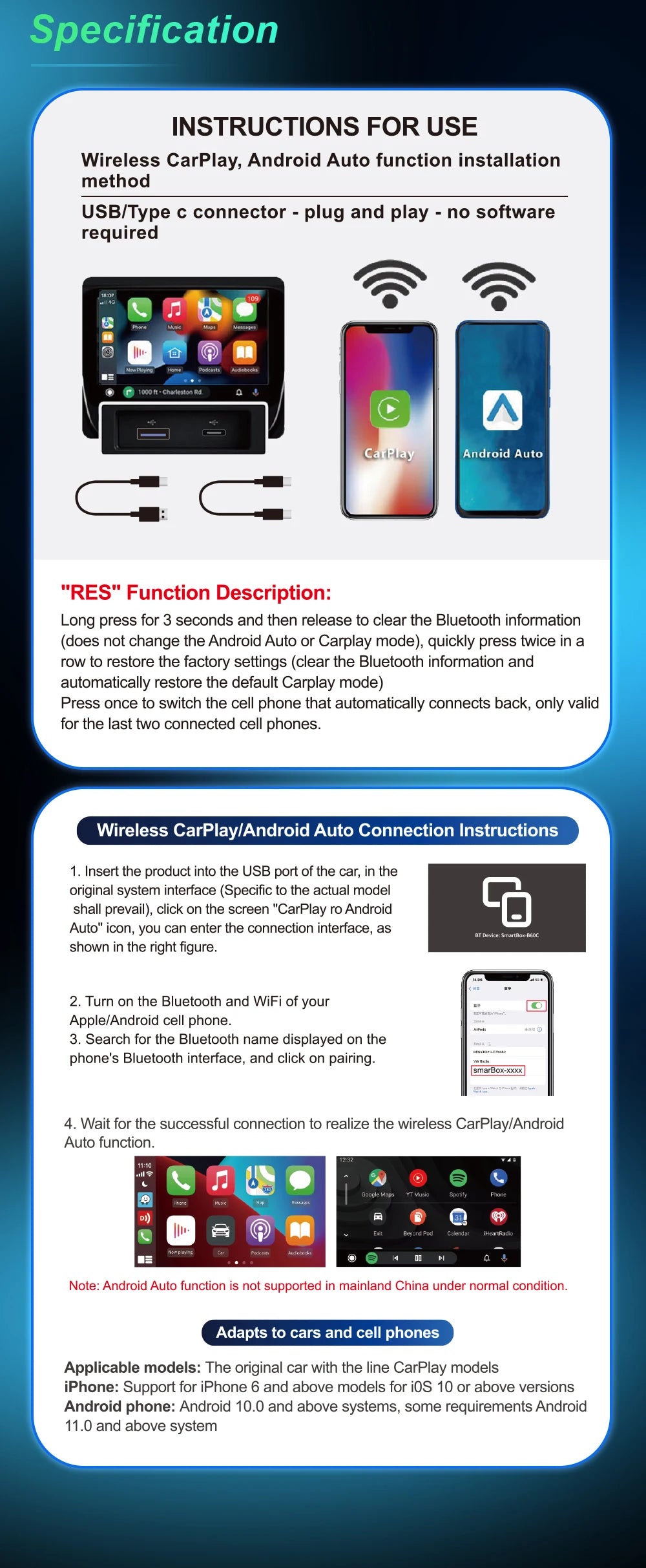 3-in-1 Wireless CarPlay & Android Auto Adapter – Plug & Play, Converts Wired to Wireless for 99% OEM Cars
