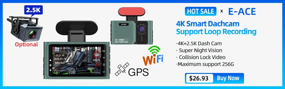 E-ACE 2K Car DVR Dash Cam Mirror WiFi GPS Night Vision 1080P Loop Recording Black Box