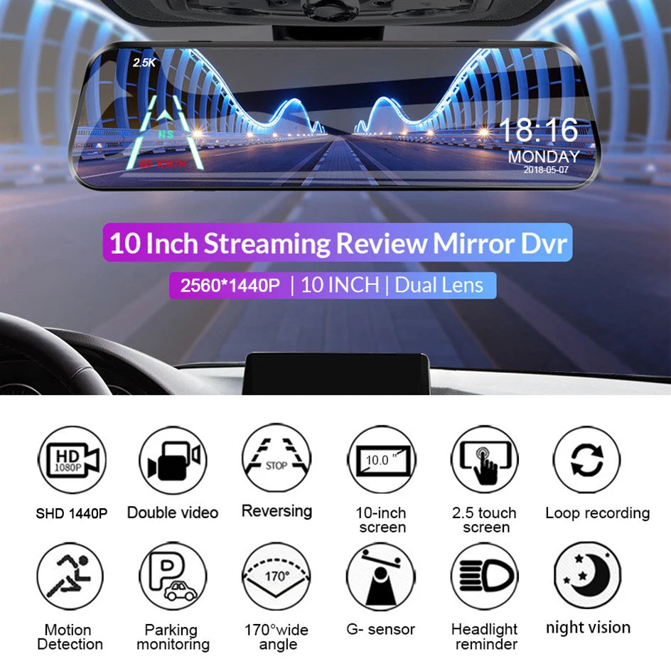 E-ACE 2K Car DVR Dash Cam Mirror WiFi GPS Night Vision 1080P Loop Recording Black Box