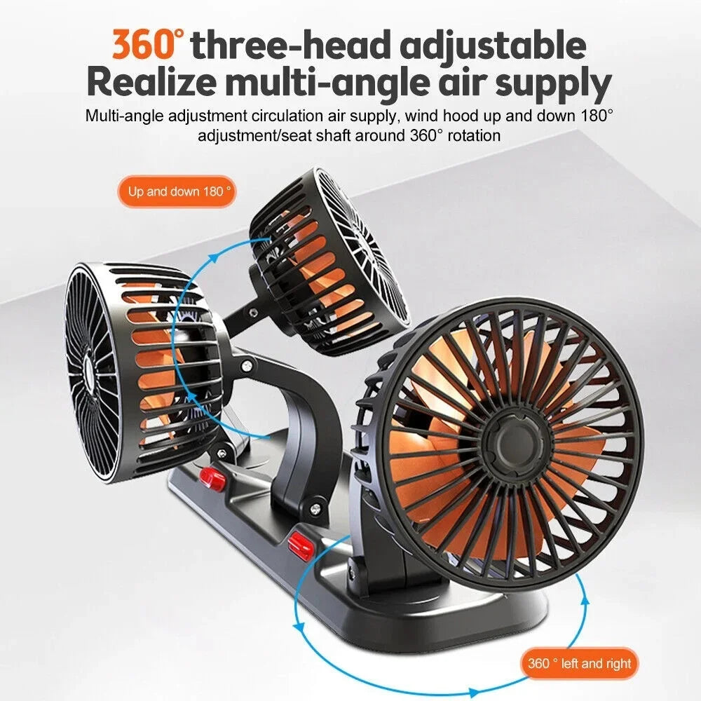 3-Head 360° Adjustable Car Fan – Dual-Speed Silent Electric Fan, USB/12V/24V, for Car, Home, Office & Desk Use