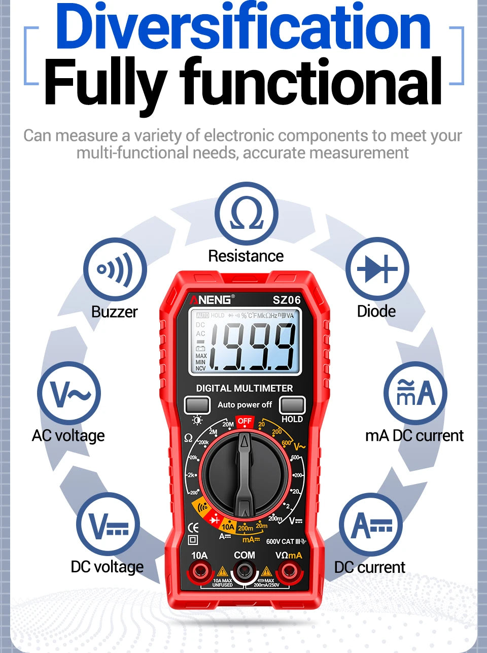 ANENG SZ06 Digital Multimeter 600V Auto Range Tester 2000 Counts for Car Home DIY Electricians