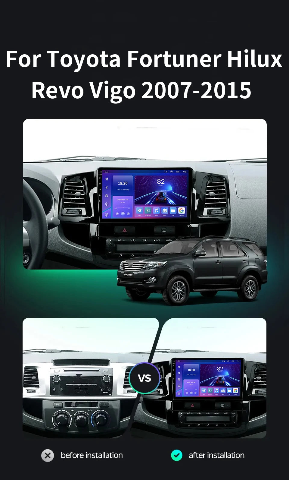 Android 13 2Din Car Stereo for Toyota Fortuner Hilux Revo Vigo 2007–2015 – GPS Navigation, CarPlay, Multimedia Video Player