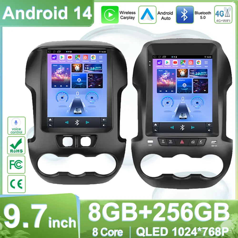 9.7" QLED Touchscreen Android 14 Car Stereo for Ford Ranger 2012-2015 | CarPlay, GPS Navigation, WiFi, Auto Radio Video Player