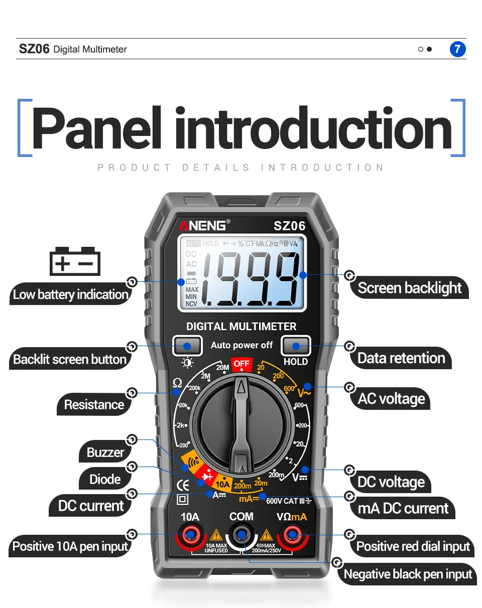 ANENG SZ06 Digital Multimeter 600V Auto Range Tester 2000 Counts for Car Home DIY Electricians