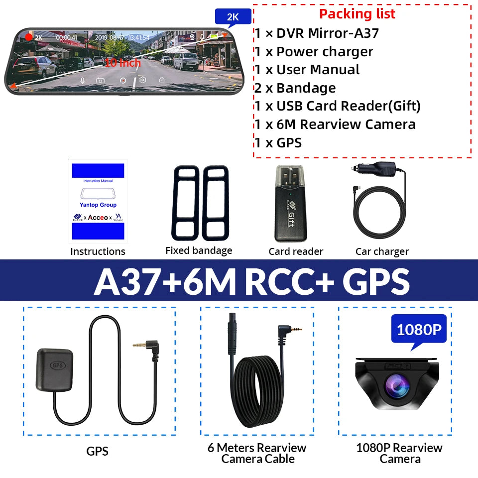 E-ACE 2K Car DVR Dash Cam Mirror WiFi GPS Night Vision 1080P Loop Recording Black Box