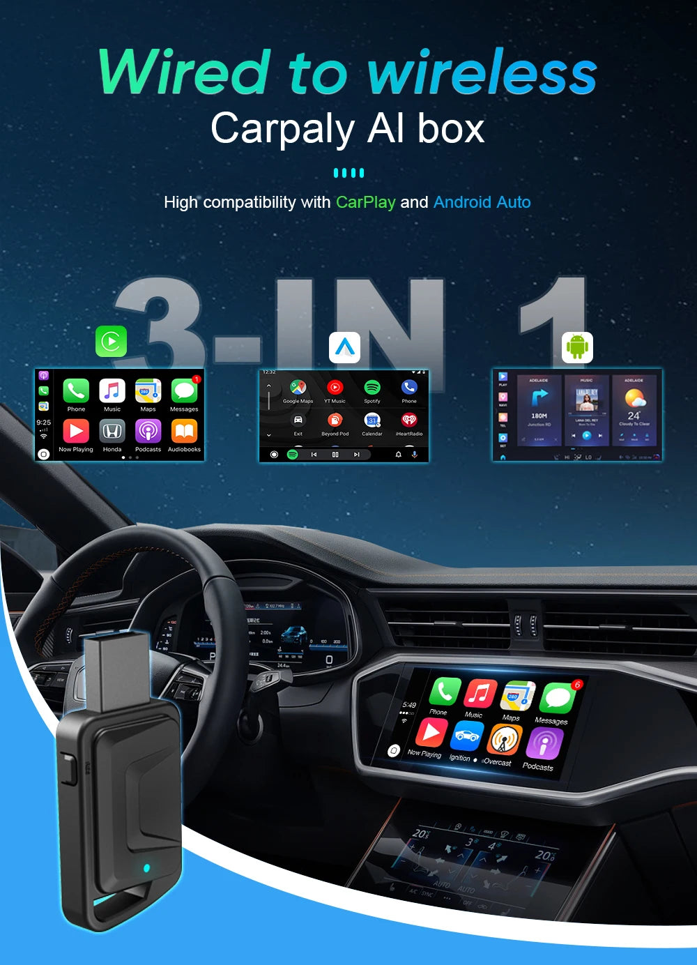 3-in-1 Wireless CarPlay & Android Auto Adapter – Plug & Play, Converts Wired to Wireless for 99% OEM Cars