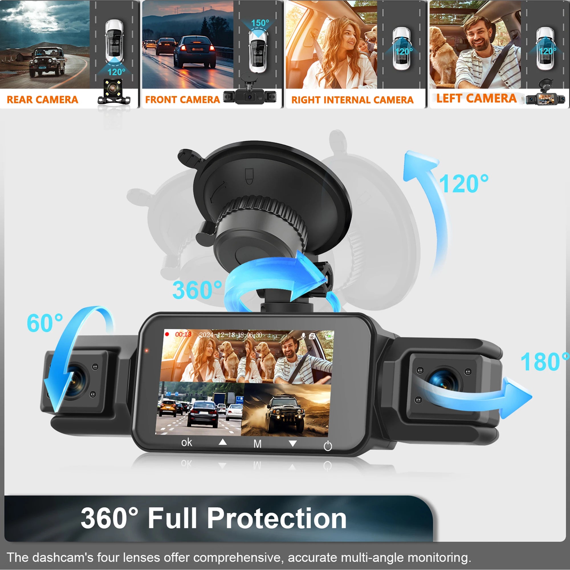 4 Channel Dash Cam FHD 1080P WiFi Car DVR Night Vision Black Box Loop Recorder Kit