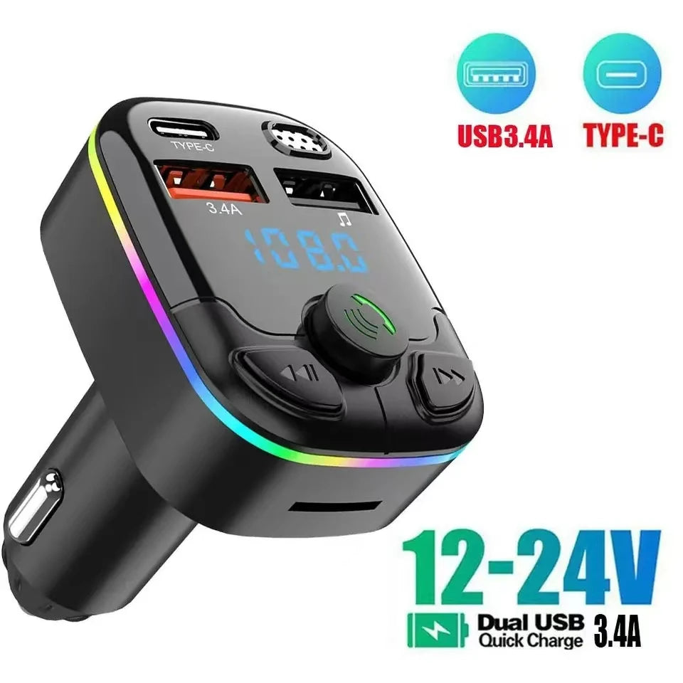 Bluetooth Car FM Transmitter PD Type-C Dual USB MP3 Player Hands-Free Ambient Light Fast Charger for Vehicle