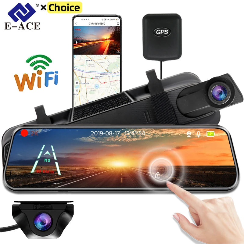 E-ACE 2K Car DVR Dash Cam Mirror WiFi GPS Night Vision 1080P Loop Recording Black Box