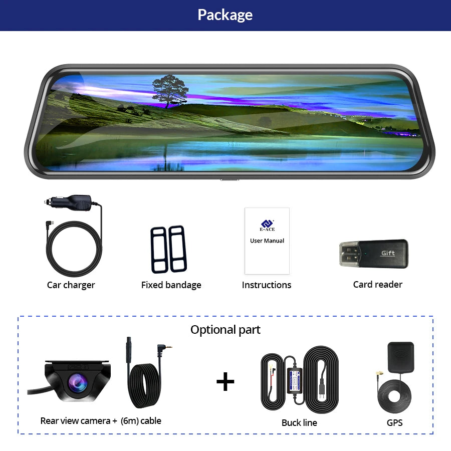 E-ACE 2K Car DVR Dash Cam Mirror WiFi GPS Night Vision 1080P Loop Recording Black Box