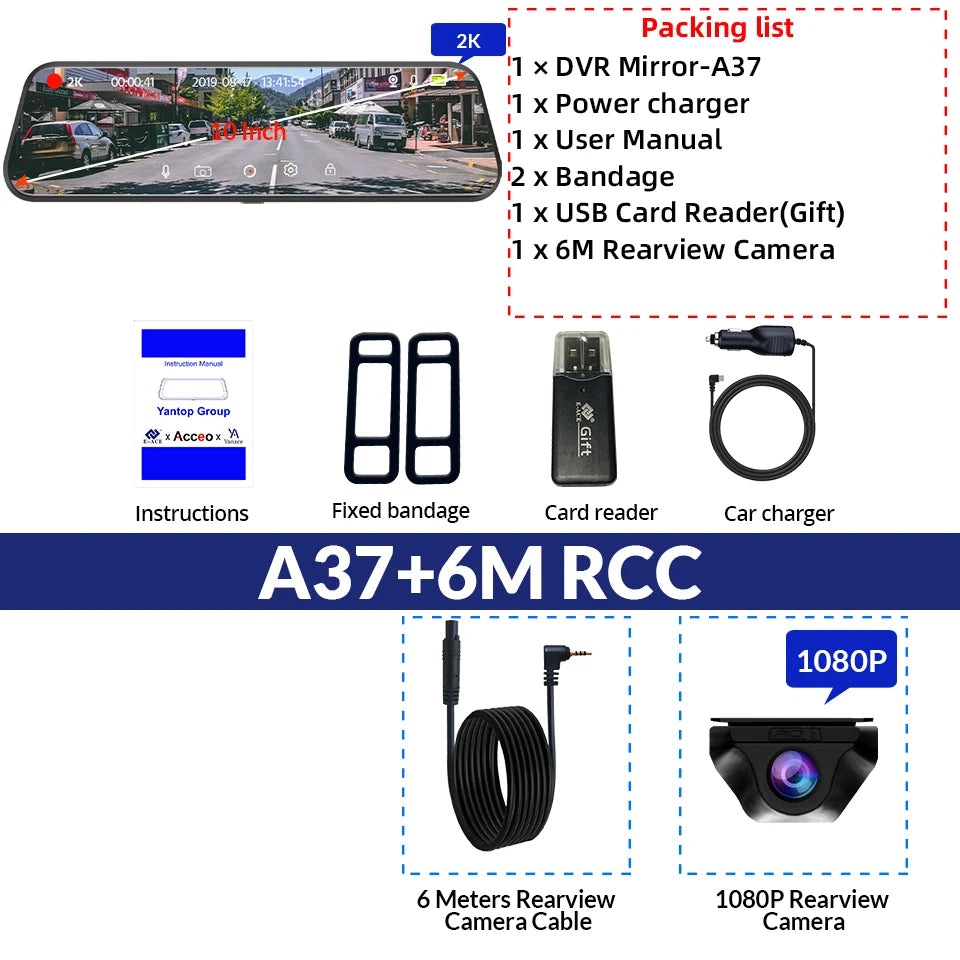 E-ACE 2K Car DVR Dash Cam Mirror WiFi GPS Night Vision 1080P Loop Recording Black Box
