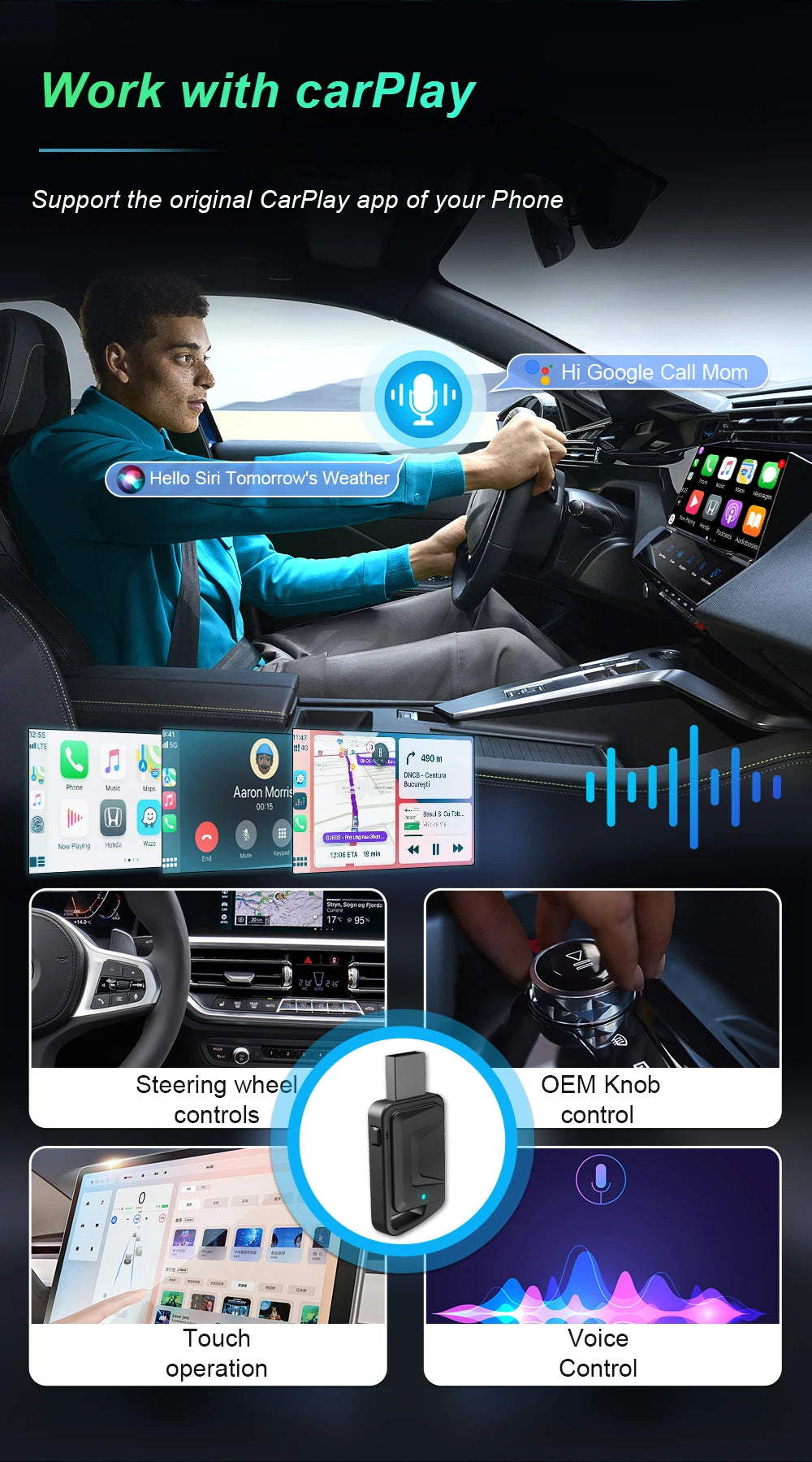 3-in-1 Wireless CarPlay & Android Auto Adapter – Plug & Play, Converts Wired to Wireless for 99% OEM Cars