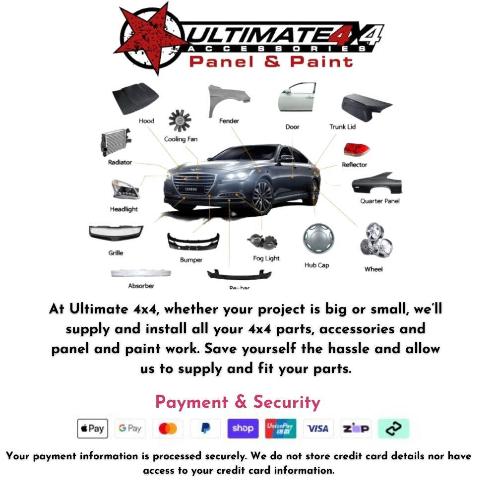 An infographic advertisement for Ultimate 4x4 Accessories Panel & Paint.
The upper section displays a diagram of a dark gray sedan (labeled "GENESIS") with various automotive body and mechanical parts highlighted around it, including: Hood, Cooling Fan, Fender, Door, Trunk Lid, Reflector, Quarter Panel, Wheel, Hub Cap, Fog Light, Re-bar, Bumper, Grille, Headlight, Radiator, and Absorber.
The text below the diagram reads: "At Ultimate 4x4, whether your project is big or small, we'll supply and install all.