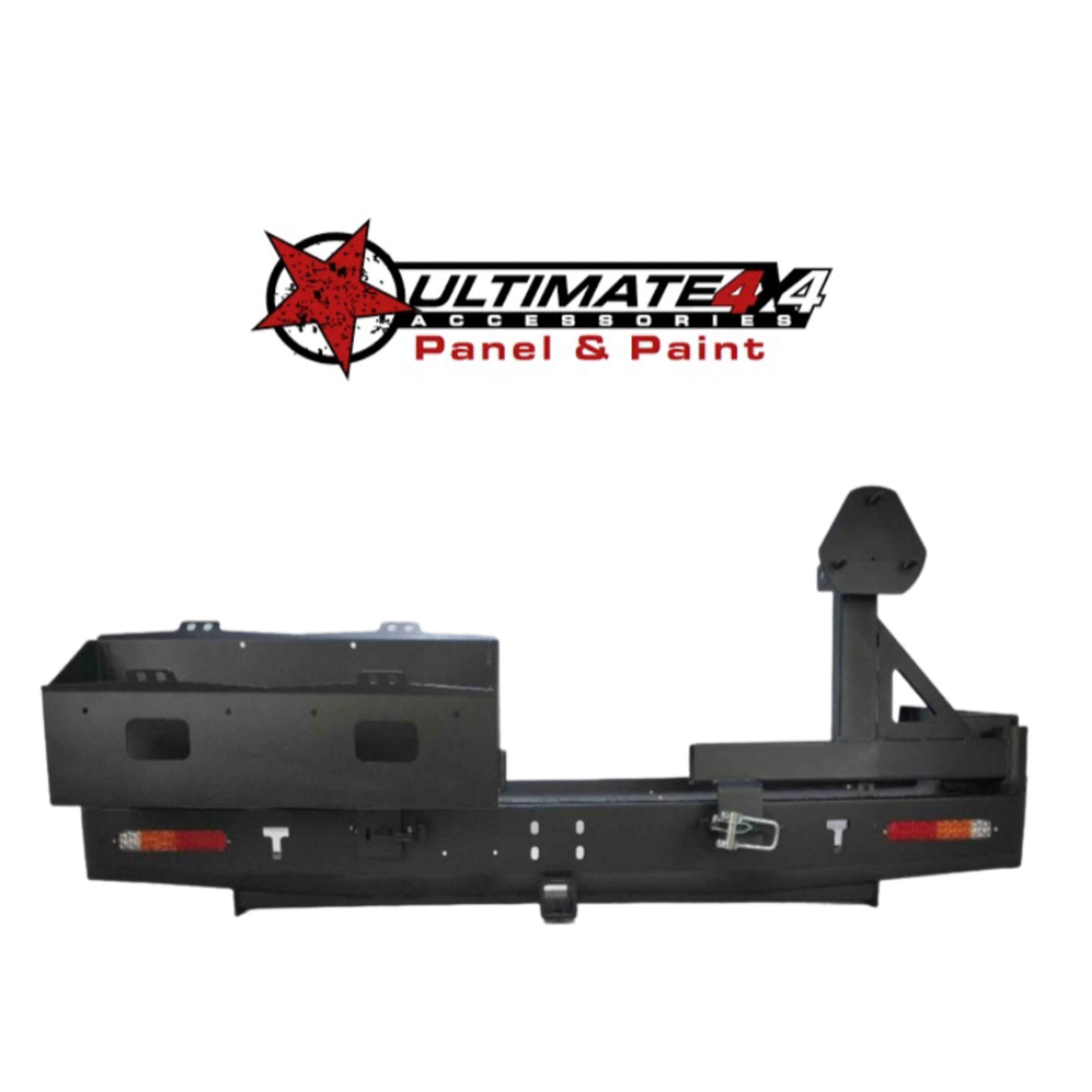 A product photo of a heavy-duty, black steel rear bar and storage system for an off-road vehicle, displayed beneath the "ULTIMATE 4X4 ACCESSORIES Panel & Paint" logo.
The system is comprised of a main bumper with integrated taillights and a central receiver hitch. Extending from the bumper are two swing-out carriers:
On the left, there is a large, rectangular carrier with multiple storage compartments or cutouts, potentially for a jerry can or small equipment.