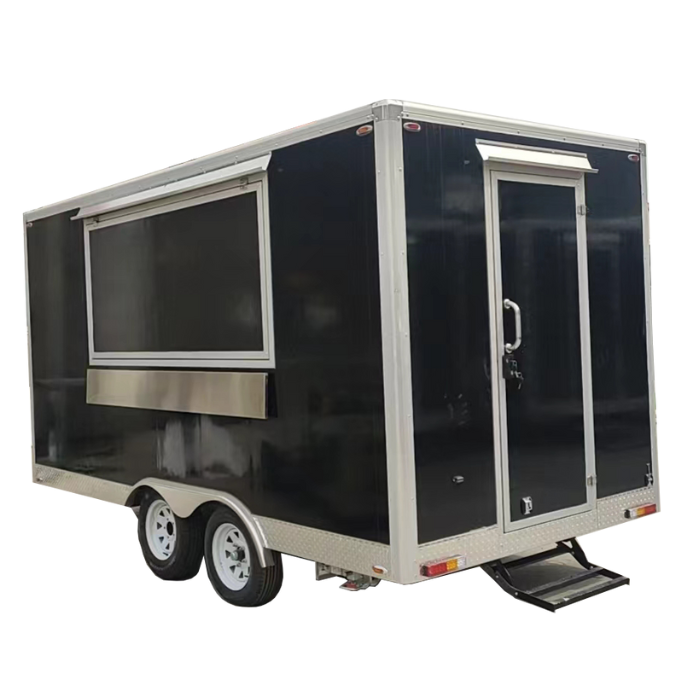 A black dual-axle food trailer with silver trim and white wheels. The side visible has a large rectangular service window with a silver countertop or ledge underneath. The rear of the trailer features a centered entry door with a handle, a small awning above it, and a fold-down black step. The bottom edges of the trailer are finished with silver diamond-plate metal.