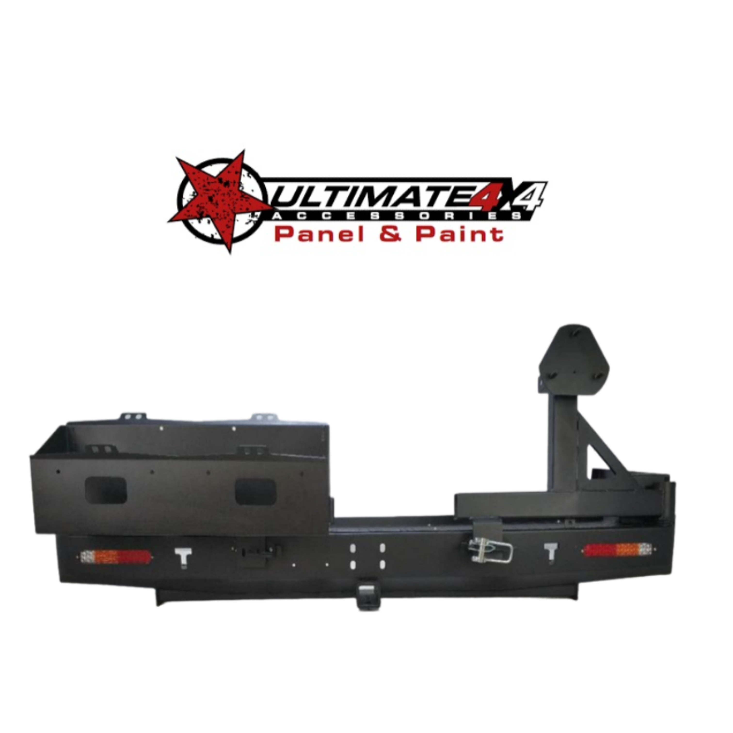 A heavy-duty, matte black steel rear replacement bumper for a vehicle, featuring a long horizontal base with a tow hitch and integrated lights, a high cargo/storage wing on the left, and a reinforced swing-out spare tire carrier on the right. The image includes the "ULTIMATE 4X4 ACCESSORIES Panel & Paint" logo with a red star above the bumper.