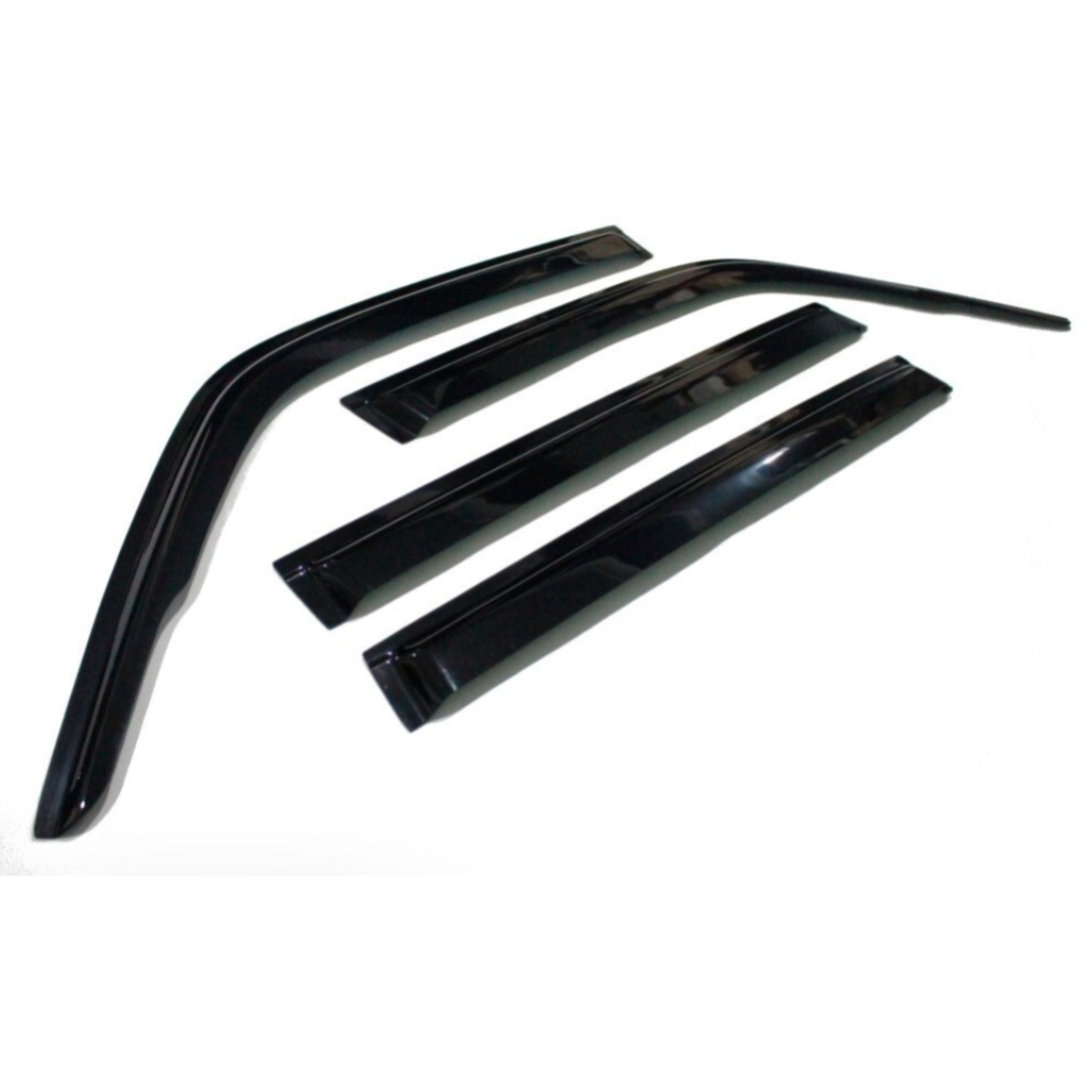 Four glossy black automotive rain guards (also known as window visors or weather deflectors) arranged diagonally on a white background. The set includes a longer, curved front piece and three shorter, rectangular pieces for the rear windows.