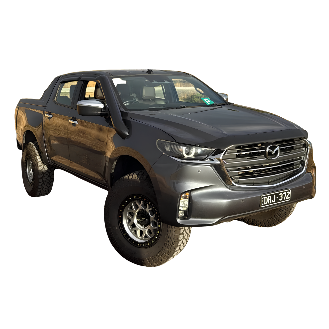 Mazda BT-50 MY21-26 with Canna Fabrication short-entry stainless snorkel — front three-quarter studio view