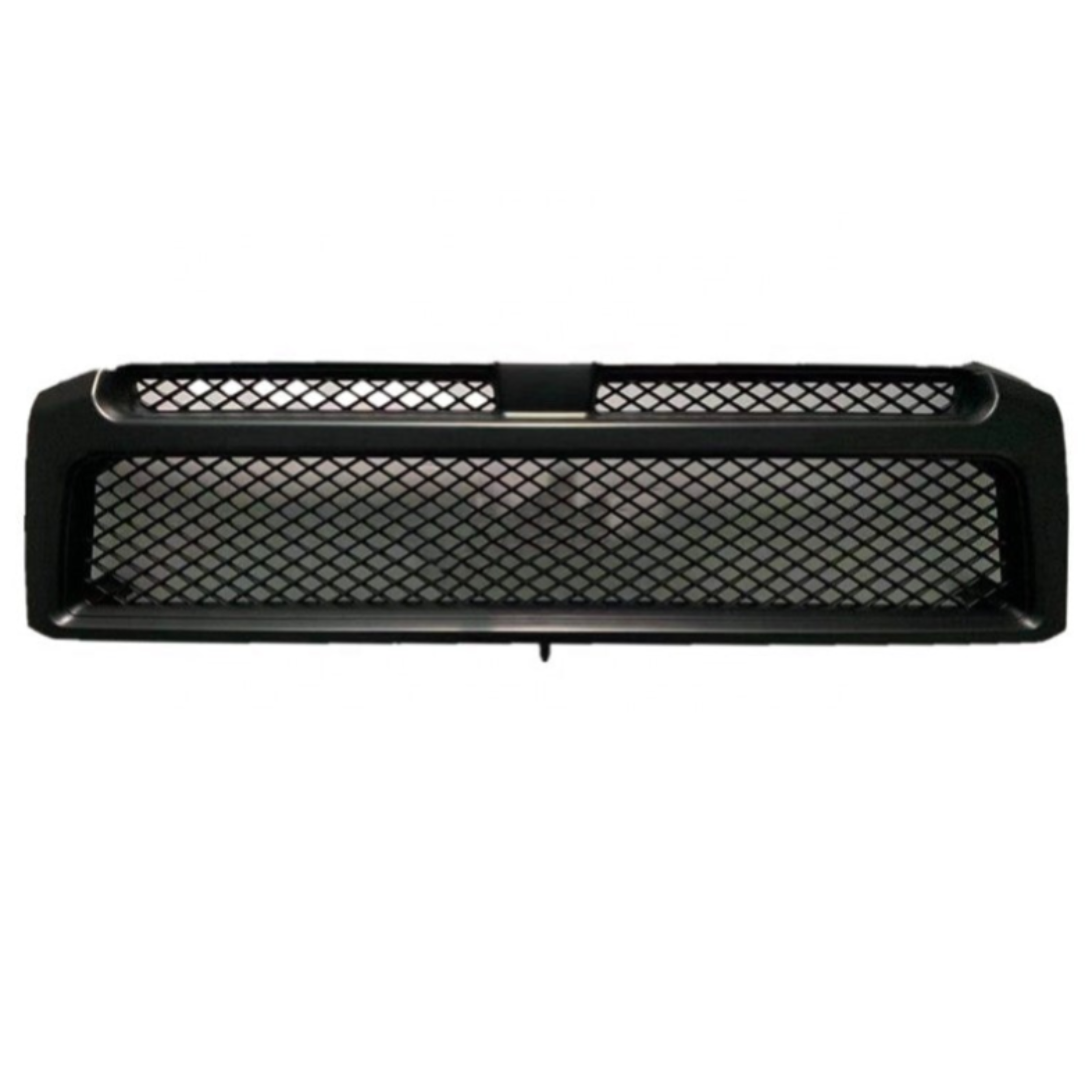 A straight-on, isolated view of a matte black vehicle grille featuring a large, diamond-pattern mesh insert. The outer frame of the grille is also black, with a small vertical support in the center of the top edge.