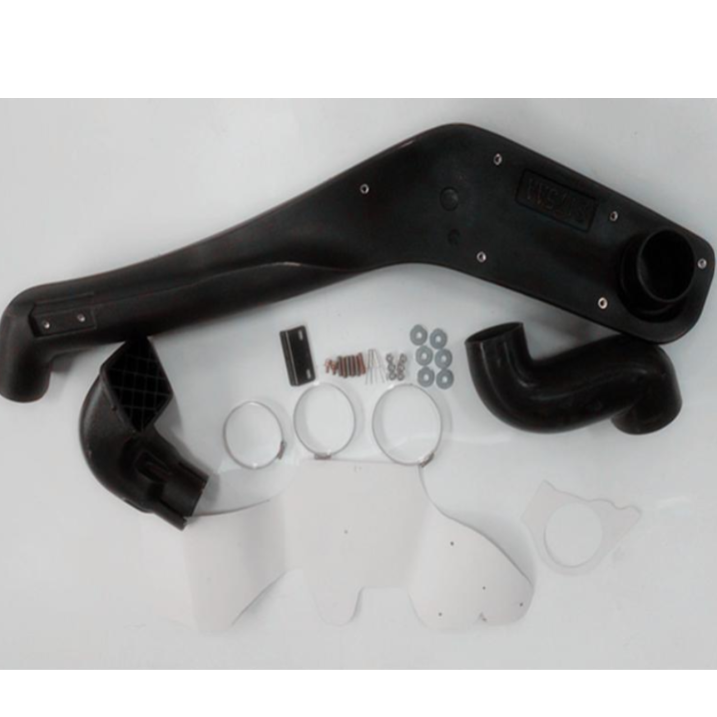 A flat lay image displaying the complete contents of a black automotive snorkel kit. The components are laid out against a bright white background. Key parts include the long, curved black plastic snorkel body (with the text "SAFARI" faintly visible), a black elbow-shaped snorkel head/air ram (with a protective grate), a black intake hose connection piece, a small collection of metal mounting brackets, bolts, screws, and washers, two large hose clamps, and several pieces of white paper/plastic templates use