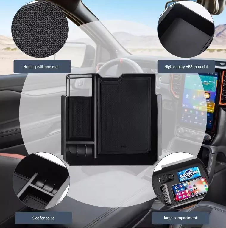 A detailed promotional image showcasing a black plastic center console organizer tray overlaid on an image of a vehicle's interior (dashboard and seats).