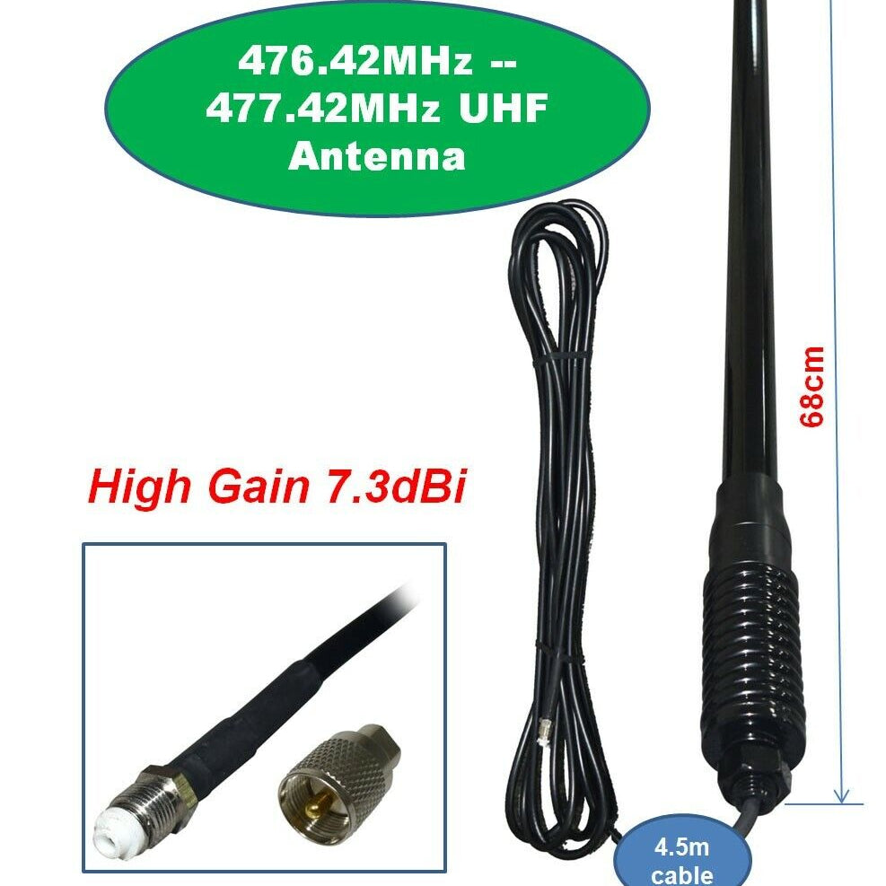 A promotional product image of a black UHF antenna with associated cables and text overlays detailing its specifications.
The image prominently displays:
A long, black, high-gain antenna measuring 68cm in height.
A coiled 4.5m cable connected to the base of the antenna.
An inset image showing the connector end of the cable, featuring a PL-259 type connector.
A large green oval text bubble stating: "476.42MHz -- 477.42MHz UHF Antenna."